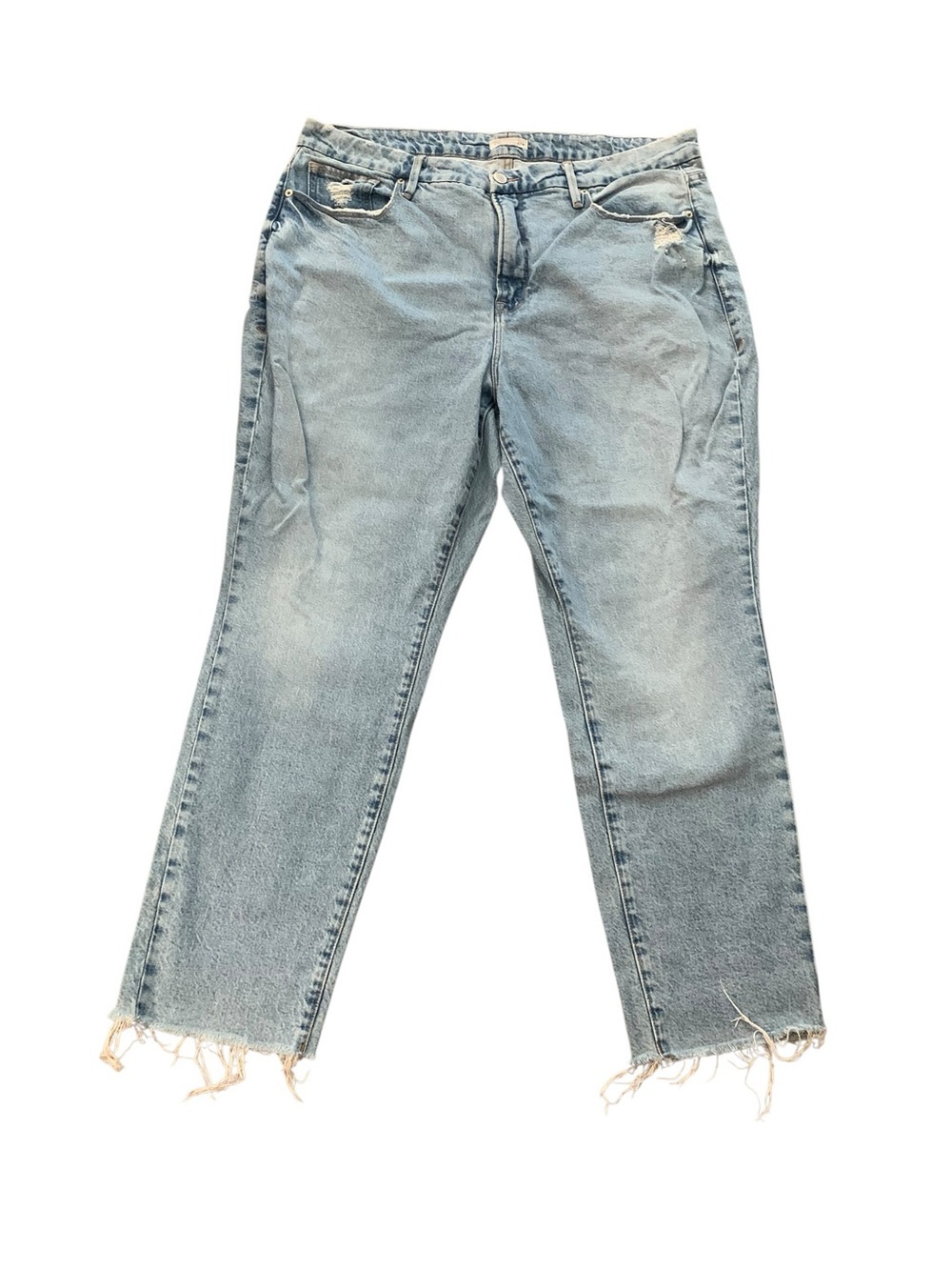 GOOD AMERICAN Straight Leg Jeans Light Wash Distressed Raw Hem Size 16